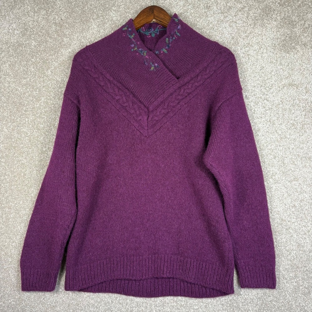 Eddie Bauer Vintage Shetland Wool Embroidered Shawl Collar Sweater Purple Large